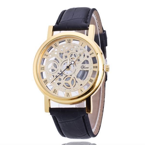 Ikke-Mekanisk Klokke Herre Quartz Klokke Dobbeltsidig Gjennomsiktig Utklipps Klokke For Menn Gold plate black strap