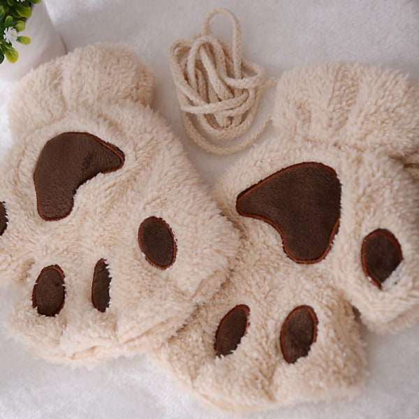 Mjuk Varm Plysch Cat Paw Handskar Fingerless Flip Half Finger Vantar Dam Vinter Söt Cat Paw Fluffig sammetshandske Flickor Studenter Beige One Size