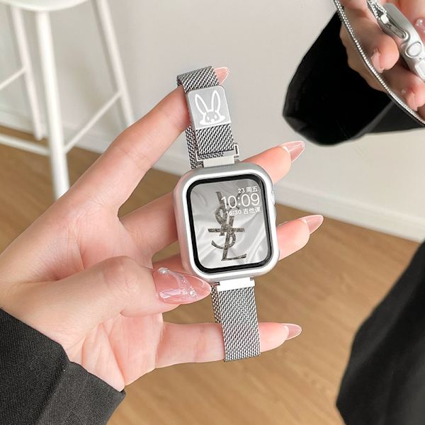 Klockarmband för Apple Watch iWatch för 1/2/3 38mm Silver Kaninöron + skyddsfodral