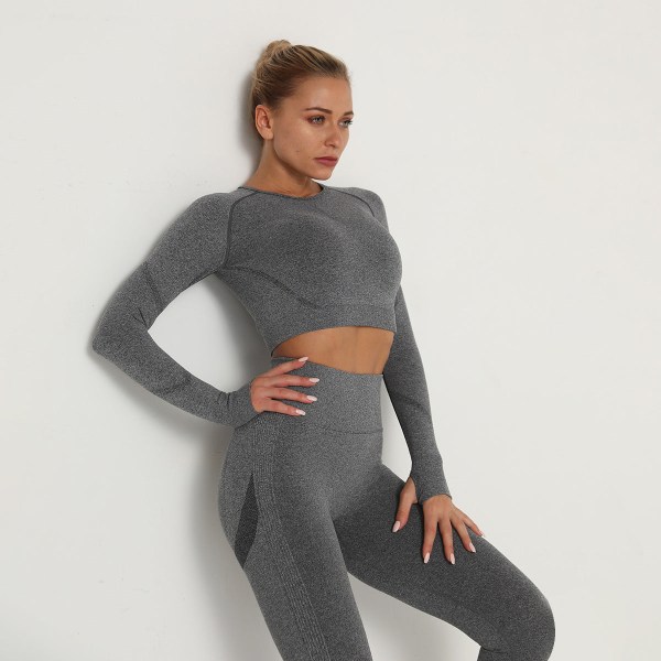 Europeiska och amerikanska sömlösa yogakläder, långärmad, hög elastisk, plisserad, snabbtorkande, långärmad fitness yogatopp 6205 Long Sleeve-Army Green S