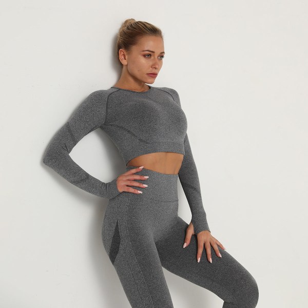 Europeiska och amerikanska sömlösa Yogakläder Långärmad Hög elastisk veckad Snabbtorkande Långärmad Fitness Yoga Wear Topp 6205 Long Sleeve-light gray M