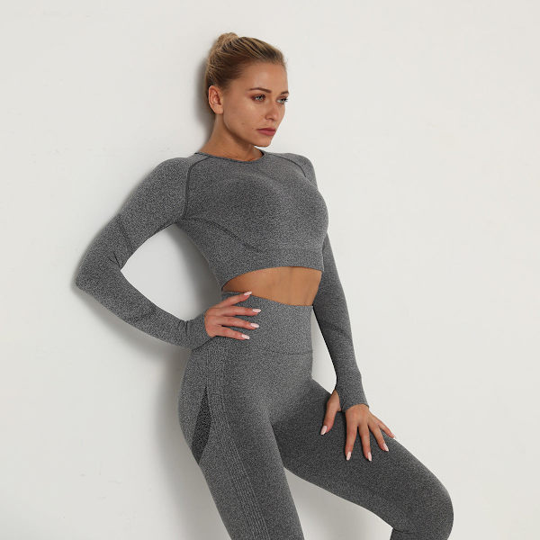 Europeiske og amerikanske sømløse yogaklær, langermet, høy elastisk, plissert, hurtigtørkende, langermet treningstopp for yoga 6205 Long Sleeve-wine red S