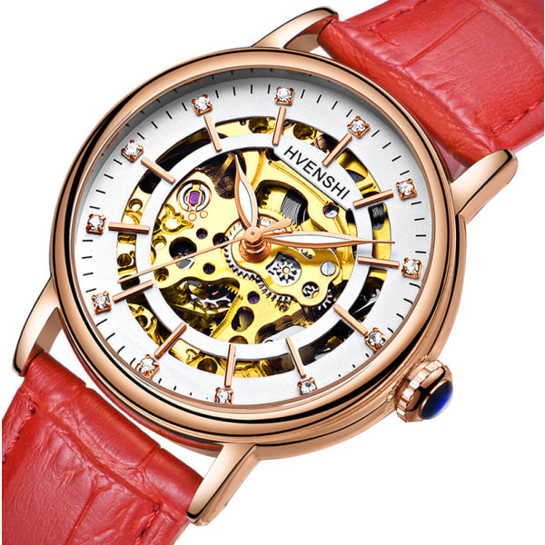 Huangshi Klocka Dam Hollow Luminous Automatisk Mekanisk Klocka Mode Bälte Business Damklocka YSW065S rose gold Red Ribbon