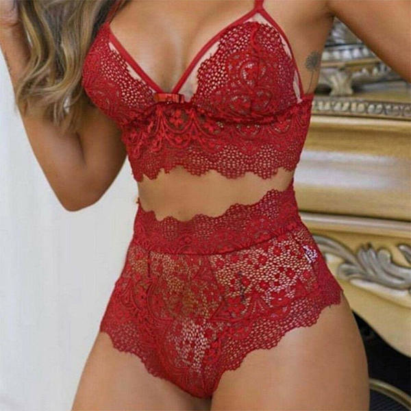 Dame Blonde Undertøy Nattøy Truser Babydoll Nattkjole BH Sett Wine red M