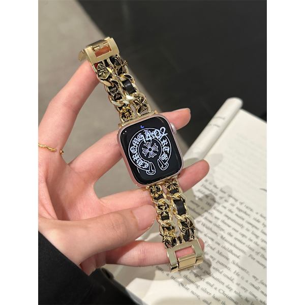 Urrem til Apple Watch iWatch s10 42mm 8mm/40mm/41mm Chrome Hearts Dobbelt Række Denim Kæde - Guld Sort Reb