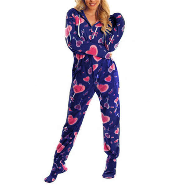 Dam Vår Höst Jumpsuit med Huva Tryck Varm Långärmad Ledig Lös Romper Dam Hem Pyjamas Black L