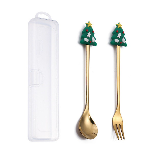Q Joulu Jälkiruokalusikka-haarukka Setti Söpö Nukkemainen Jälkiruokalusikka Sarjakuva Astiasto Hedelmähaarukka Kannettava Kahvilusikka Cat gold spoon Fork storage box