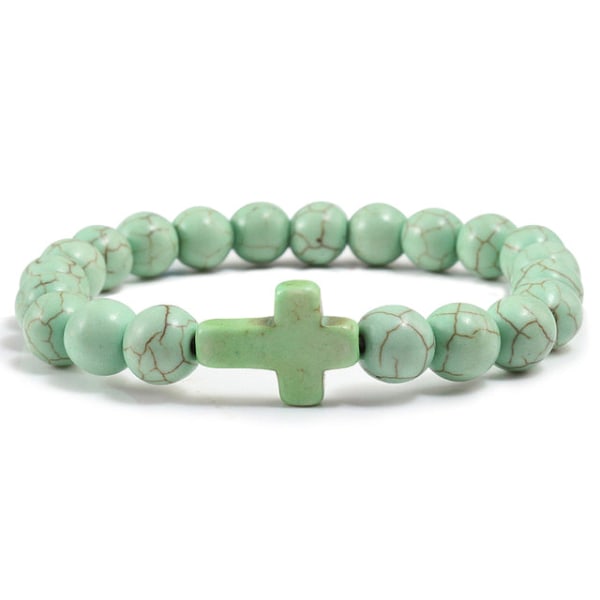 Trendiga Jesus Cross Charm Blå Turkoser Herrarmband Svart Lavasten 8mm Vita Pärlor Armband Armband för Kvinnor Yoga Smycken apple green