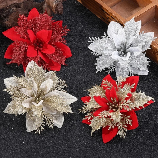 10/5/1 kpl Joulukukat Punainen Glitter Jauhe Kukkapäät Noel Koti Puu Koristeet Navidad Juhlat Pöytäasetus Tarvikkeet gold red-5PCS