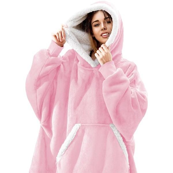 Vinter Oversized Hettegenser Teppe Med Ermer Fleece Genser Rutete Hette Dame Lomme Hettegenser Oversize Mykt Teppe hmy848 pink One Size