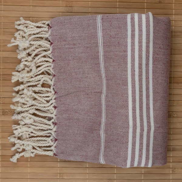 Tyrkisk Bomuld Stribet Sports Badehåndklæde med Kvaster Rejse Fitness Camping Bad Sauna Strand Fitness Pool Tæppe Absorberende Let Pleje Maroon 100x180cm