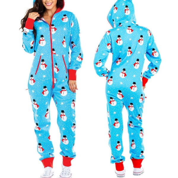 Julepysjamas i ett stykke for kvinner med hette, Santa-mønster, koselige jumpsuiter for voksne, festlig hjemmeklær Cat M