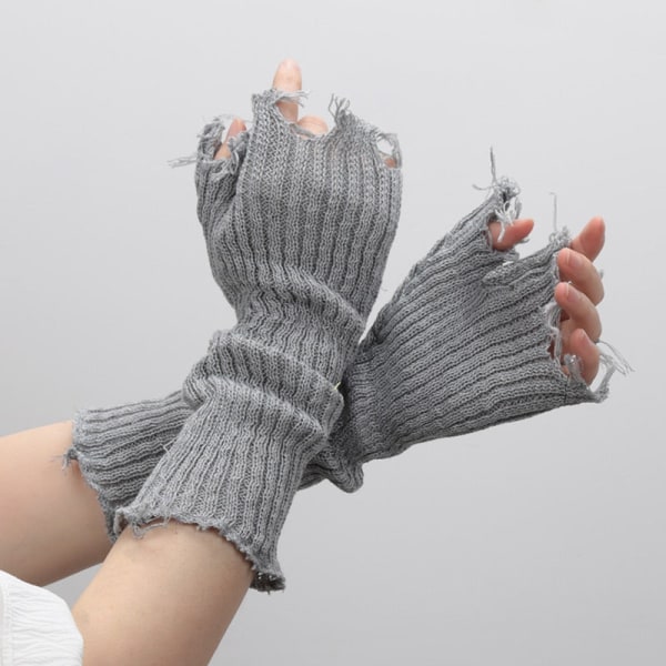 Nya Tjejhandskar Svart Beige Trasig Punk Unisex Fingerlösa Muddstickade Handskar Kvinnor Män Armbågsvantar Trasiga Armvärmarhandskar Beige length-33cm