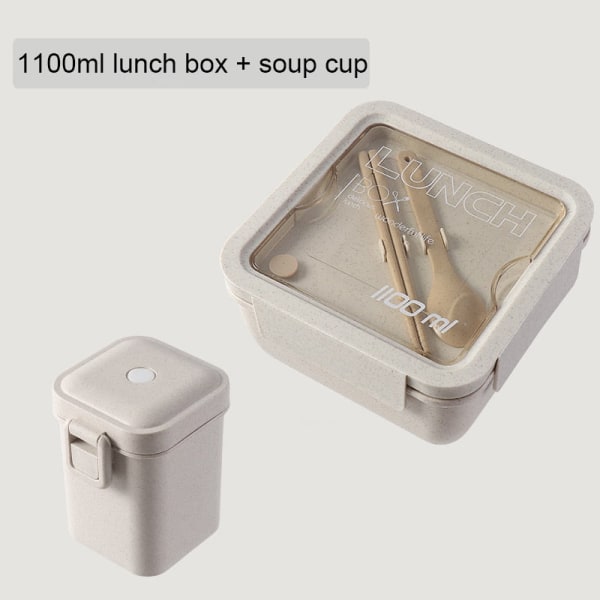 Wheat Straw Lunchbox för studenter Kontor Mikrovågsugn Matförvaringsbehållare Snacks Box Bärbar Bento Box med porslin soppkopp Soup Cup