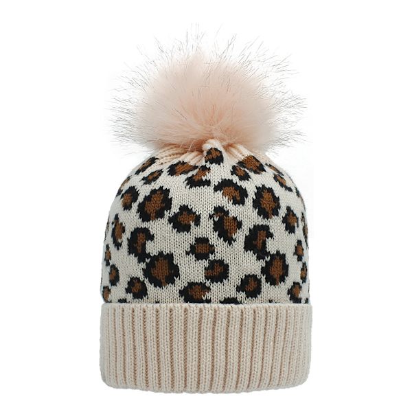 Efterår og Vinter Strikket Hue Dame Leopard Print Uld Strikket Hue Moderigtig Varm Stor Pelskvast Hue Rust red