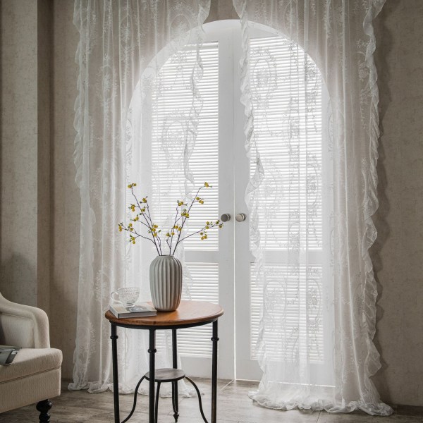 Vit Retro Franska Transparent Spets Mesh Gardiner Rufsig Balkong Sovrum Gardin White yarn mirror ruffled punching 150*90