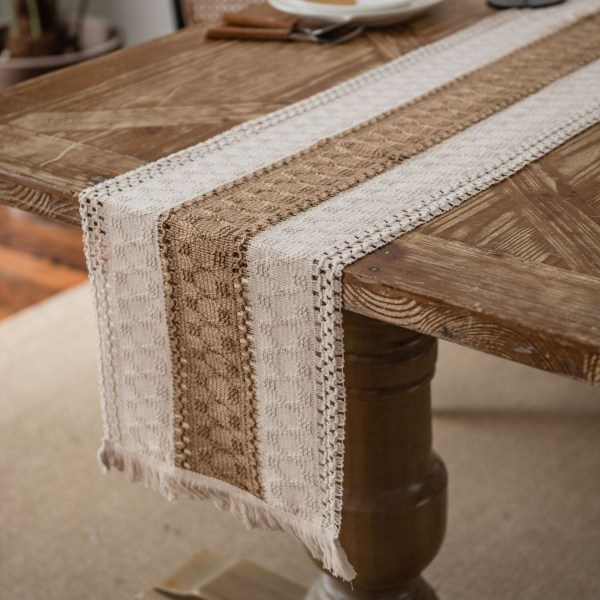 Bordslöpare i bomull och linne med sömmar, tvåfärgad vävd tofs, naturmaterial, amerikansk lantlig semesterduk Yellow mesh hemp rope 30*220 (including tassels)