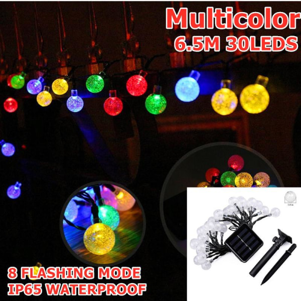 8 Moduser 6,5M Solcellelampe Krystallkule LED Lyslenke Blink Vanntett Eventyrlys Garland for Utendørs Hage Julebryllupsdekorasjon Warm white 6.5M/30LED