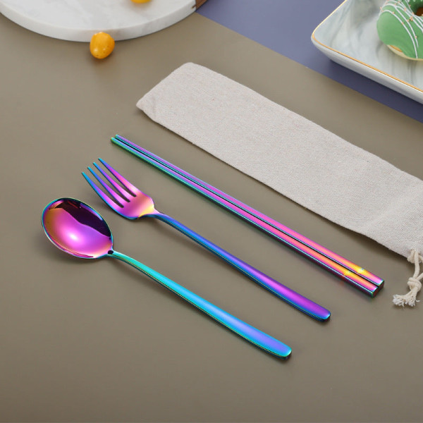 Rustfrit stål koreansk-stil ske gaffel spisepinde titanium-belagt service studerende bærbar tre-delt spisepinde ske gaffel Three-piece set