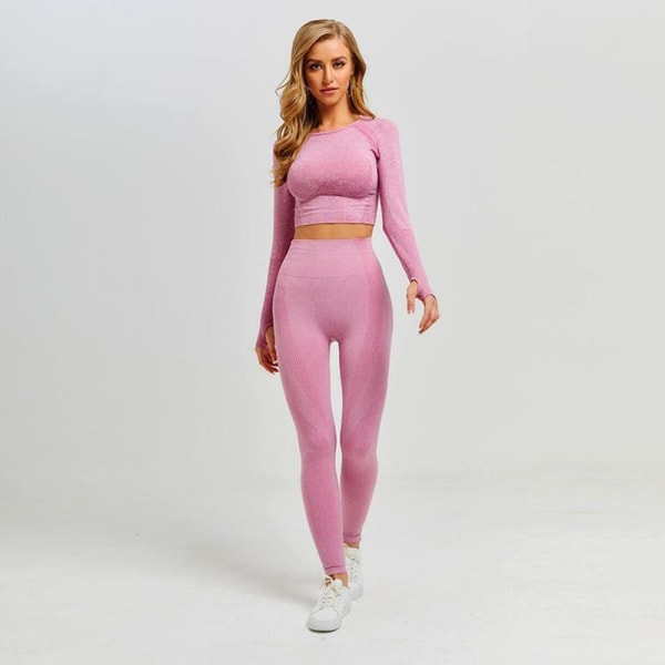 Yogaset Fitness Sportdräkter GYM Kläder träningsoverall topp High Waist Leggings för kvinnor Pink set 2 S