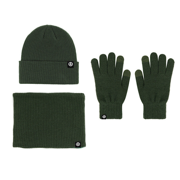 Varm Ullmössa Halsduk Handskar Tredelat Set Vindtät Stickad Mössa Tredelat Set Army green three-piece set
