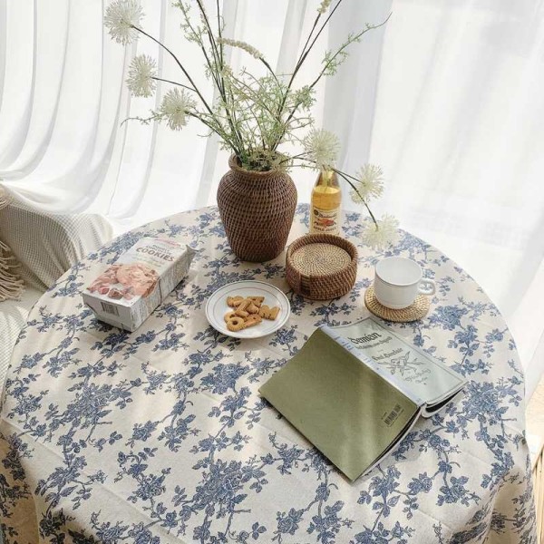 Koreanske blomstrede duge Retro Bomuld Linned Sofabord Spisebordsdækning Duge Picnic Foto Baggrund Klud Værelsesindretning Blue rose printing 50x50cm
