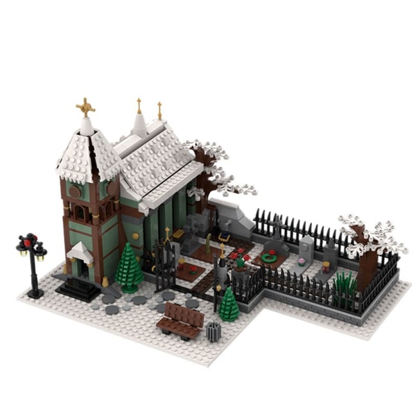 MOC Den middelalderske arkitekturen og lastebil vinterlandsby - Markedsboder Byggeklosser Sett Julebil Kirke Klosser Leker Gave 182PCS