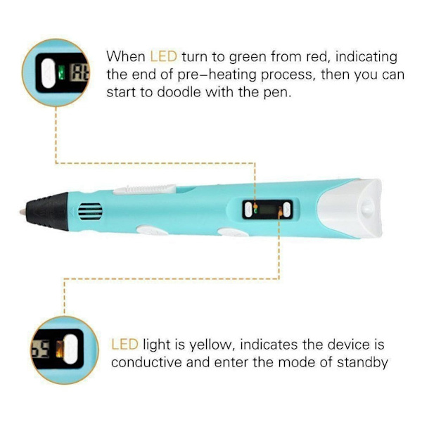 Dikale 3D-penna LED-skärm DIY 3D-utskriftspenna PLA-filament Kreativ leksakspresent för barn Designritning 3D-skrivarpenna Ritstift PLA Filament Blue EU 3Mx12