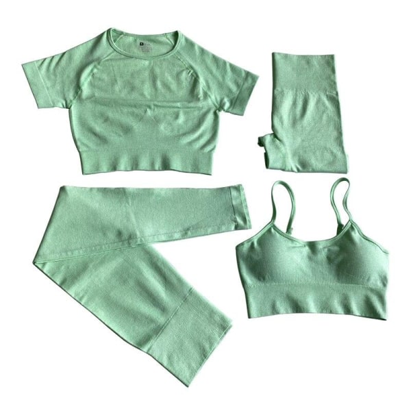 Yoga Gym Set Tops T-shirt BH Legging Sport Set för kvinnor 4pcs Green Set M