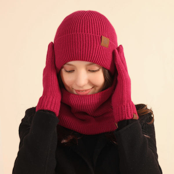Vintermössa Halsduk Handskar Tredelat Set Fleecefodrad Pekskärm Utomhus Kallt Väderskydd Förtjockad Stickad Red three-piece set