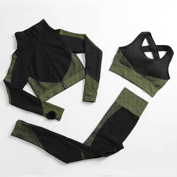 Yoga Sett Treningsklær gym fitness for dame treningsdress Black green L