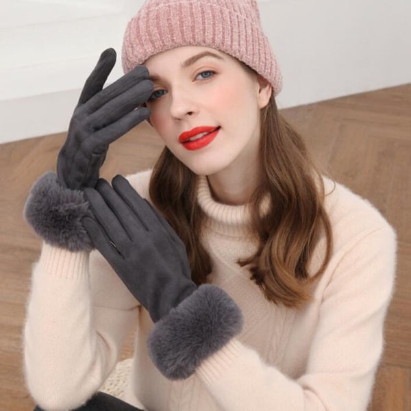 Fashionable dame vinter varme ruskind læder touch screen handske kvinde imiteret kaninpels broderi plus fløjl tykke kørehandsker H92 Light Gray One Size