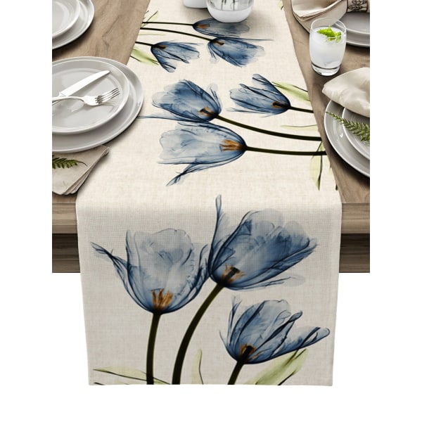 Blå tulipan bordløper for spisebord kjøkkendekor Anti-flekk spisebord duk rektangulær spisebordløper 180-33cm 70-13inch 05