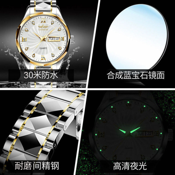 Watch Kalender Quartz Watch Automatisk icke-mekanisk watch Diamond Watch Armband Male LS003 black bottom golden edge