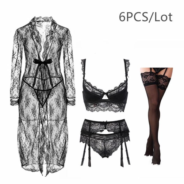 Varsbaby Seksikäs Aamutakki+Rintaliivit+Pikkuhousut+Sukat+Stringit+Sukkanauhaliivi 6 Osainen Naisten Black 32D