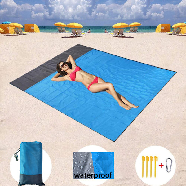 Strandtæppe Sandtæt Strandmåtte Strandlagen Vandtæt Sandmåtte med Pløkker Letvægtsmåtte til Picnic Camping DP SET 140X200cm