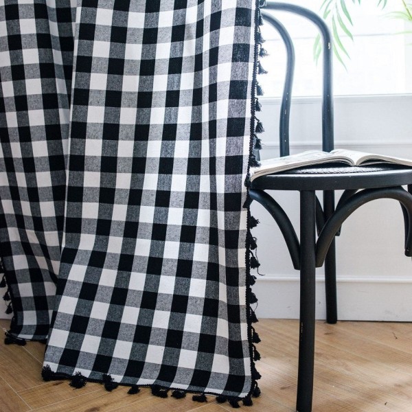 Gardin Halvmørkleggende Bomull Lin Garnfarget Svart Hvit Rutete Dusk Amerikansk Gardin for Soverom Karnappvindu Ferdig Gardin KC60 W150xL160cm