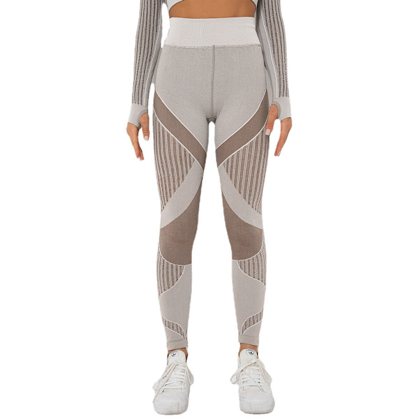 Europæiske og amerikanske sømløse strikkede sexede stiber fugttransporterende yogabukser sports løbe fitnessbukser til kvinder 6301 trousers-Brown XS