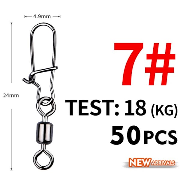 Fishhook 50 stk. Gjeddefiske Tilbehør Koblingsstift Lager Rullende Svivel Rustfritt Stål Snap Fiskekrok Lokkesvivler Utstyr Size7 24mm 30kg