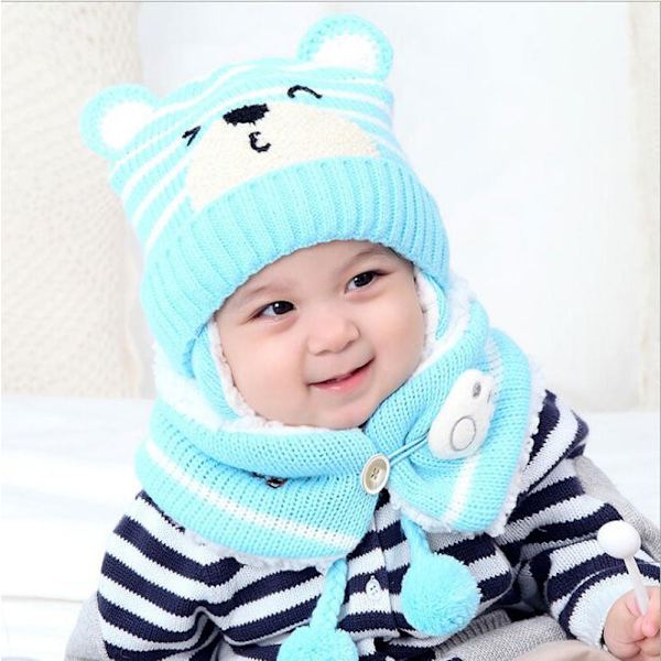 Unisex Barn Tecknad Björn Randiga Mössor och Halsduk Baby Mössa Set Flicka Pojke Mössa Halsduk Set Barn Vinter Öronmuffar Mössa Halsduk Varmt Set Red Hat Girth 46-50cm