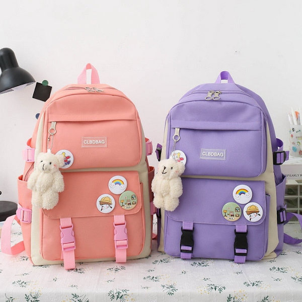 4 stk. sæt Lærred Skoletasker Til Teenagepiger Rygsæk Kvinder Laptop Rygsæk Skoletasker Til Drenge Rejse Rygsæk Mochila Escolar 5pcs Black-Tassel