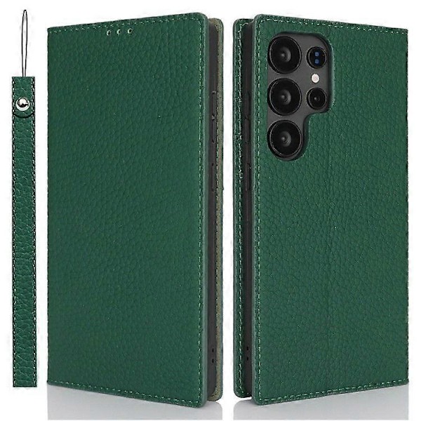Plånboksfodral i äkta koläder med Litchi-textur för Samsung Galaxy S25 Ultra Green