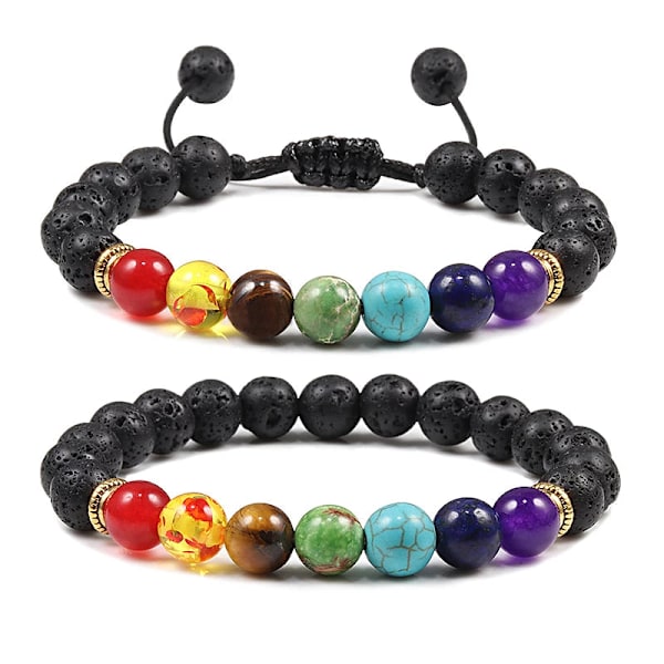 7 Chakra Armband Herr Svart Lava Tigeröga Stenar Helande Balans Pärlor Reiki Buddha Bön Naturlig Sten Yoga Armband Armringar Matte BLK Adjustable