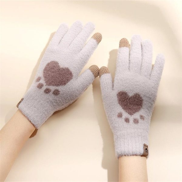 Kattepote Print Handsker Mobiltelefon Touchscreen Strikkede Handsker Vinter Tykke &amp; Varme Voksen Bløde Fluffy Handsker Herre Dame Khaki One Size