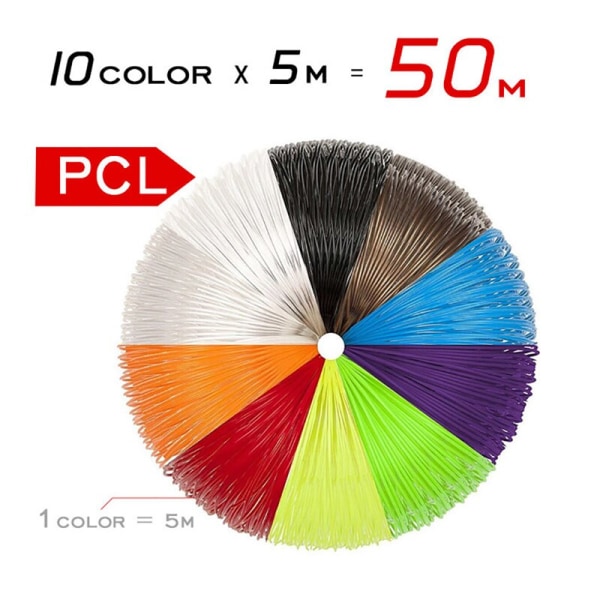 PCL-filamentti 3D-kynään, filamentin halkaisija 1,75 mm, 100 m muovifilamentti 3D-tulostinkynään, lapsiturvallinen täyttö PCL 50M 10color