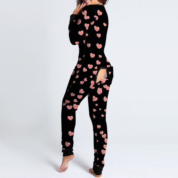 Dame Sexet Pyjamas Onesies Knaplukning Foran Funktionel Knap Flap Voksne Pyjamas V-hals Langærmet Jumpsuit Dame Nattøj BK L