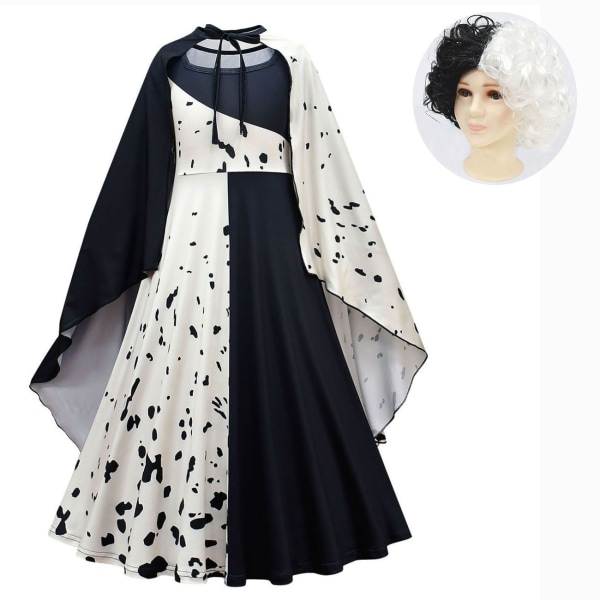 Elokuva Cruella De Vil Cosplay Asut Lasten Puku Mustavalkoinen Piikatytön Mekko Halloween Juhlapuku Viitalla Peruukilla 80589cloak 02 150