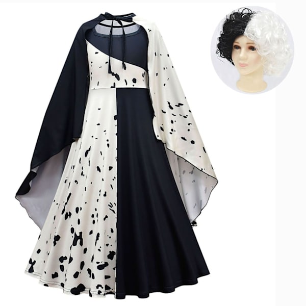 Film Cruella De Vil Cosplay Kostymer Barn Klänning Svart Vit Maid Klänning Halloween Party Klänning med Kappa Peruk 80589cloak 02 120
