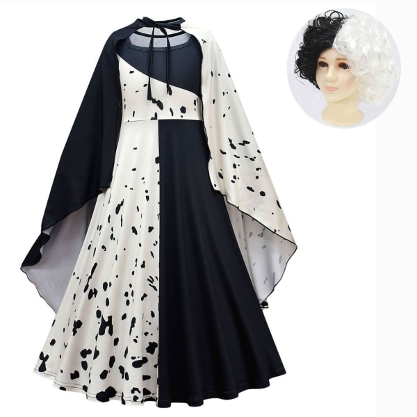 Film Cruella De Vil Cosplay Kostymer Barnklänning Svart Vit Maid Dress Halloween festklänning med kappa peruk 805893-piece set 01 160