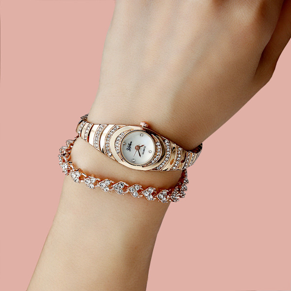 Diamant Lyxigt Litet Fräscht Armband Armbandsur plus Armband (2st/Set) Rose gold suit